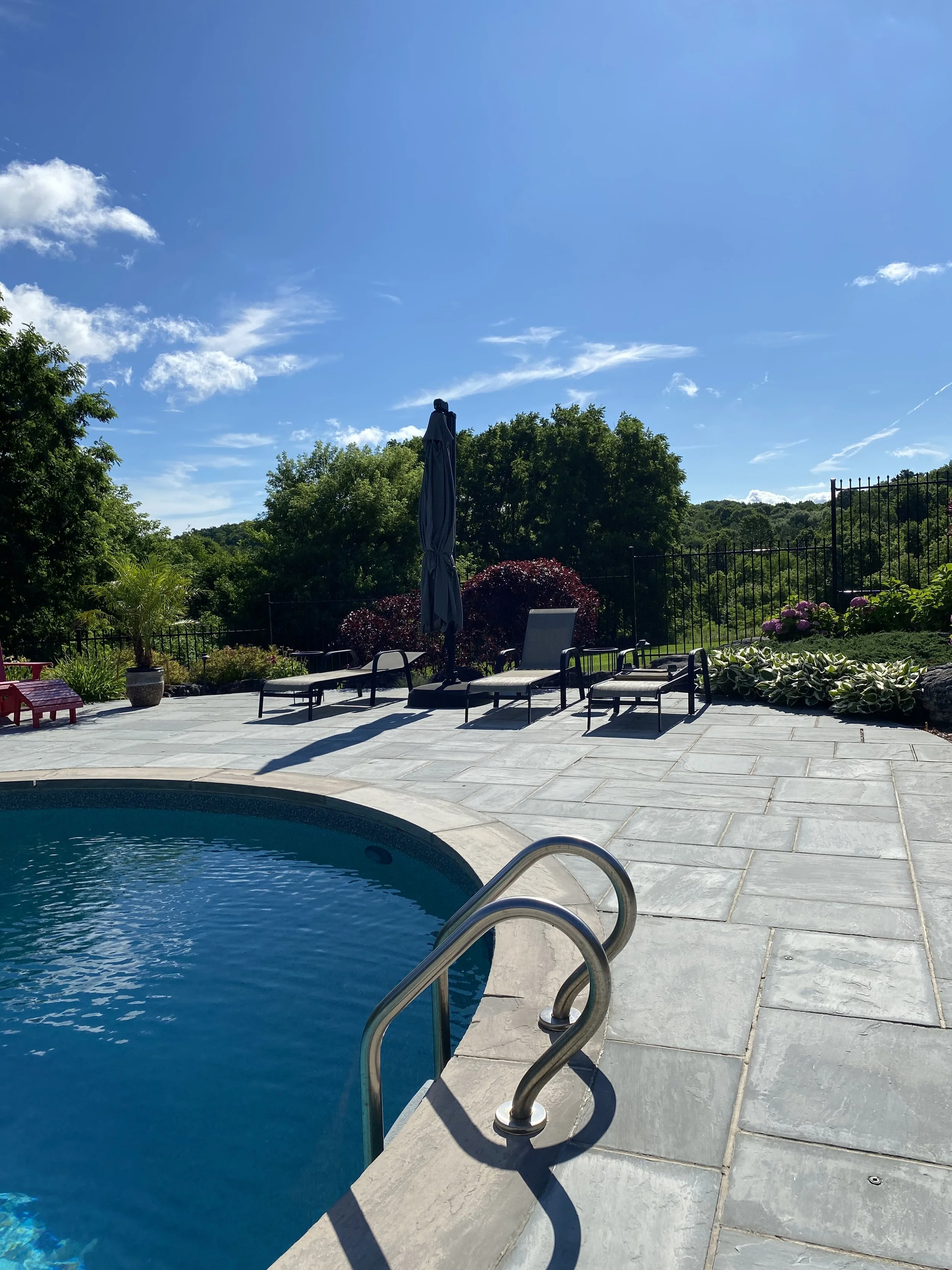 A backyard swimming pool area with lounge chairs, umbrellas, plants, and a scenic view of trees under a clear blue sky.