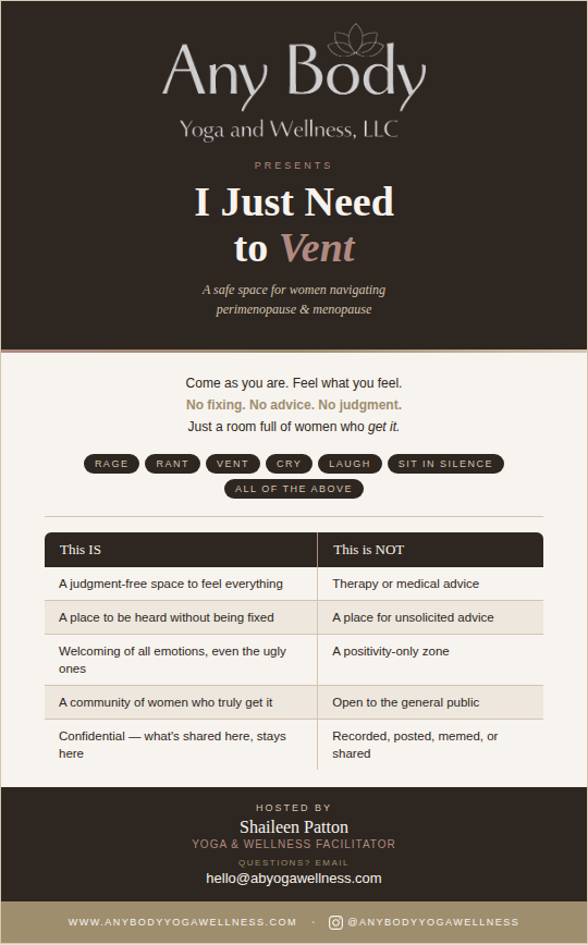 A promotional flyer for 'Any Body Yoga and Wellness, LLC' titled 'I Just Need to Vent'. It offers a safe space for women navigating perimenopause and menopause to express emotions without judgment, emphasizing that it is a judgment-free space to feel everything, be heard, and share feelings. The flyer lists what the space is and is not, highlighting confidentiality, emotion-welcoming, and community aspects. Hosted by Shailleen Patton, a yoga and wellness facilitator, with contact email and website information at the bottom.