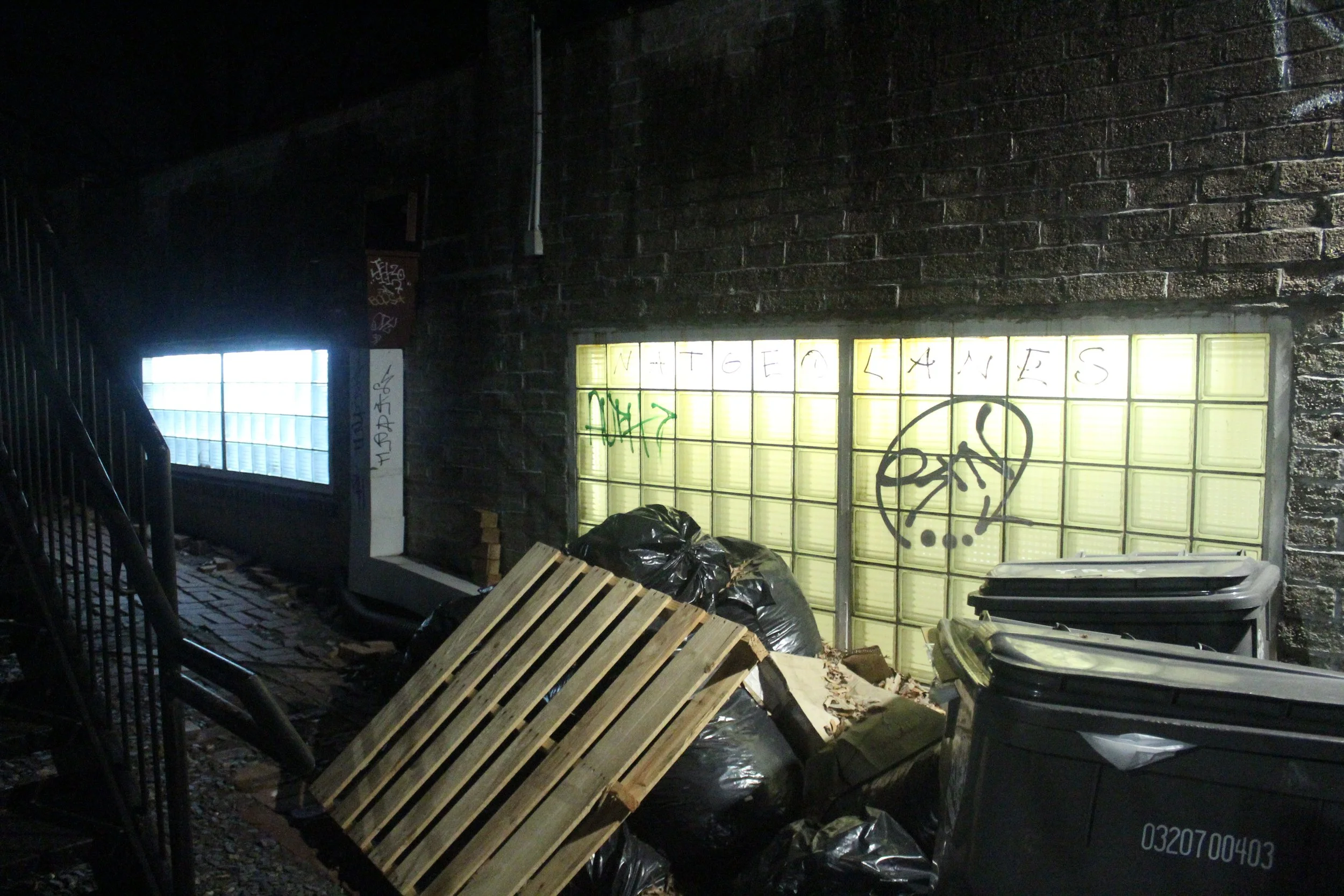 Cluttered outdoor scene at night with graffiti, a glass block window, plastic bags, wooden pallet, and trash bins against a brick wall.