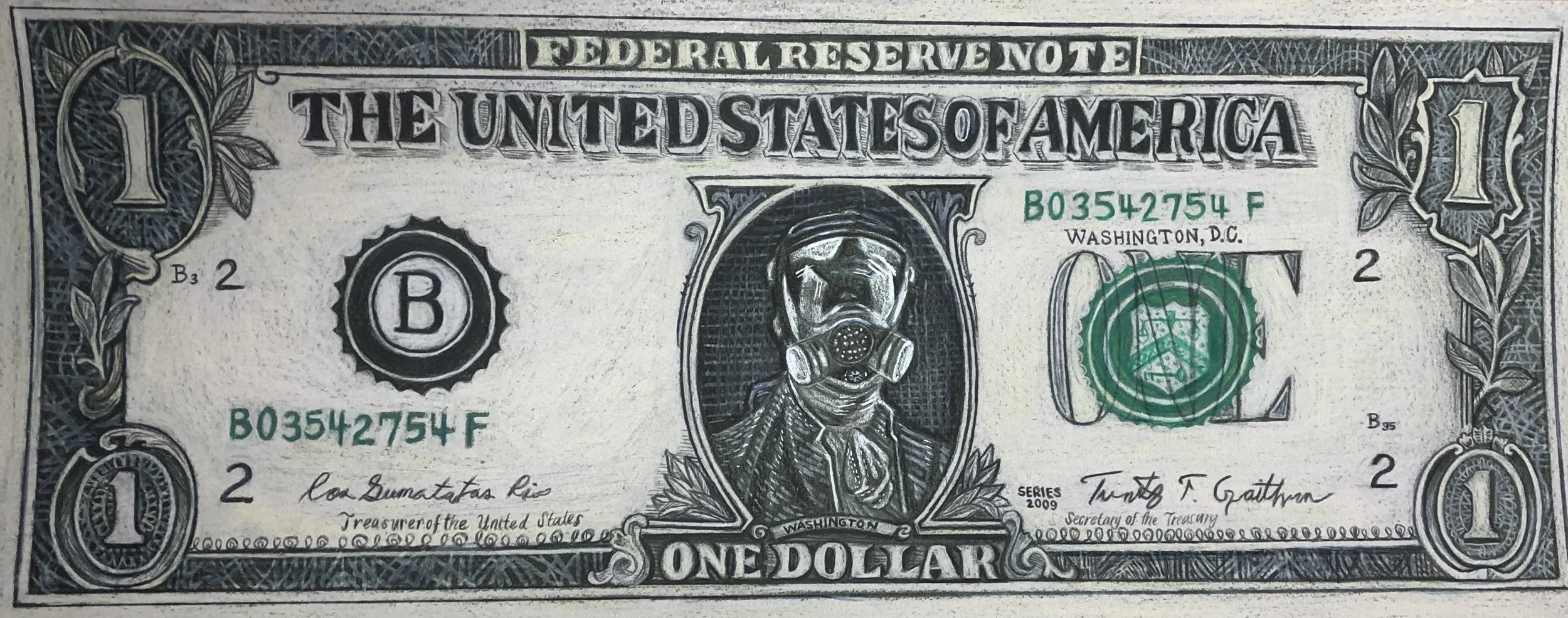 A one-dollar bill featuring a person wearing a gas mask in the central portrait, with detailed black and green design elements.