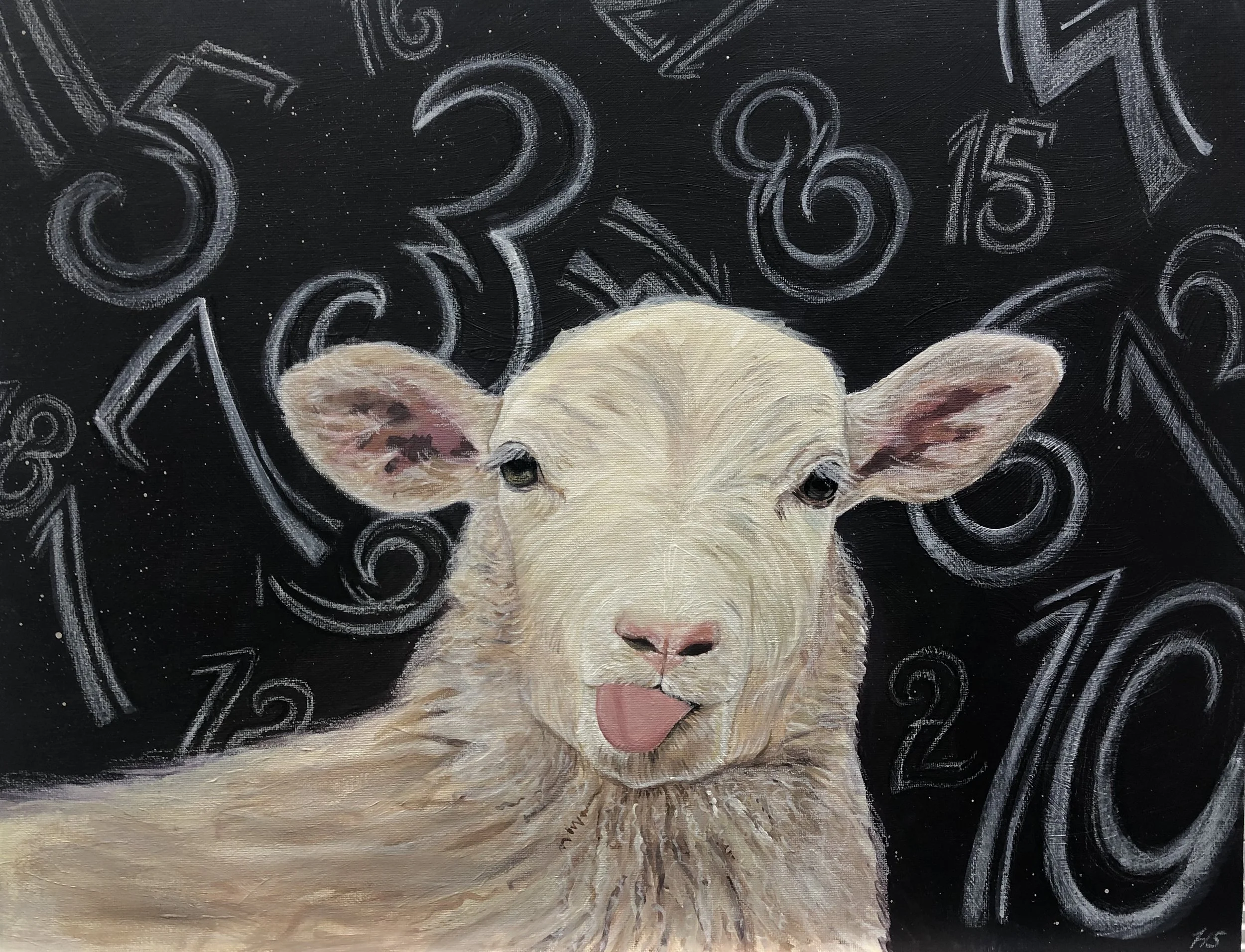 A painting of a playful goat sticking out its tongue, with a background of swirling numbers on a black surface.