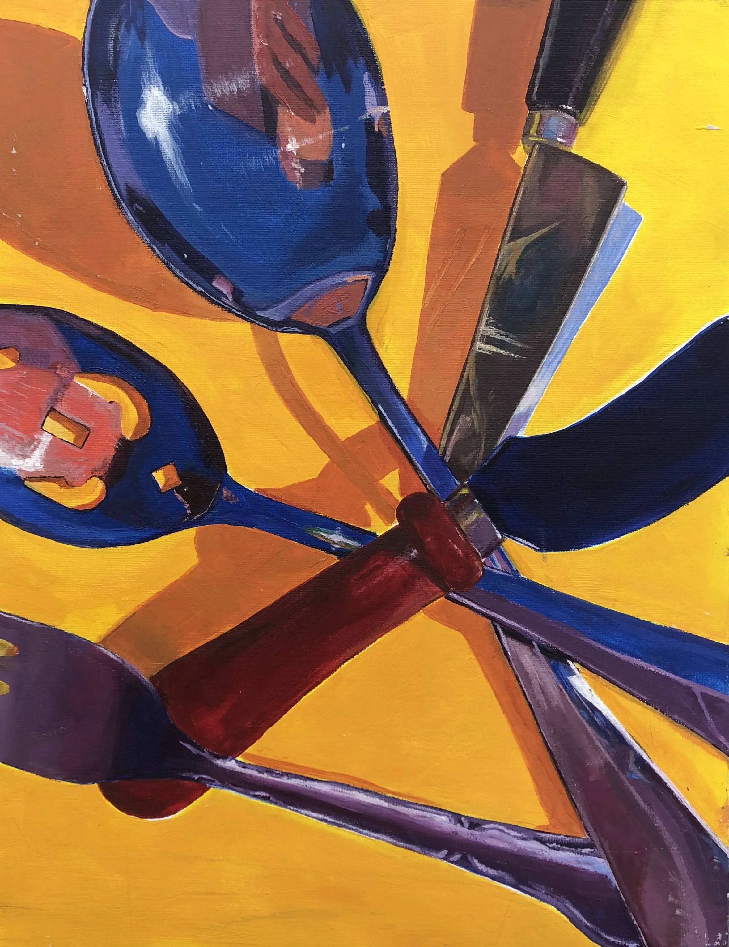 Close-up of a colorful abstract painting featuring various tools with a bright yellow background.