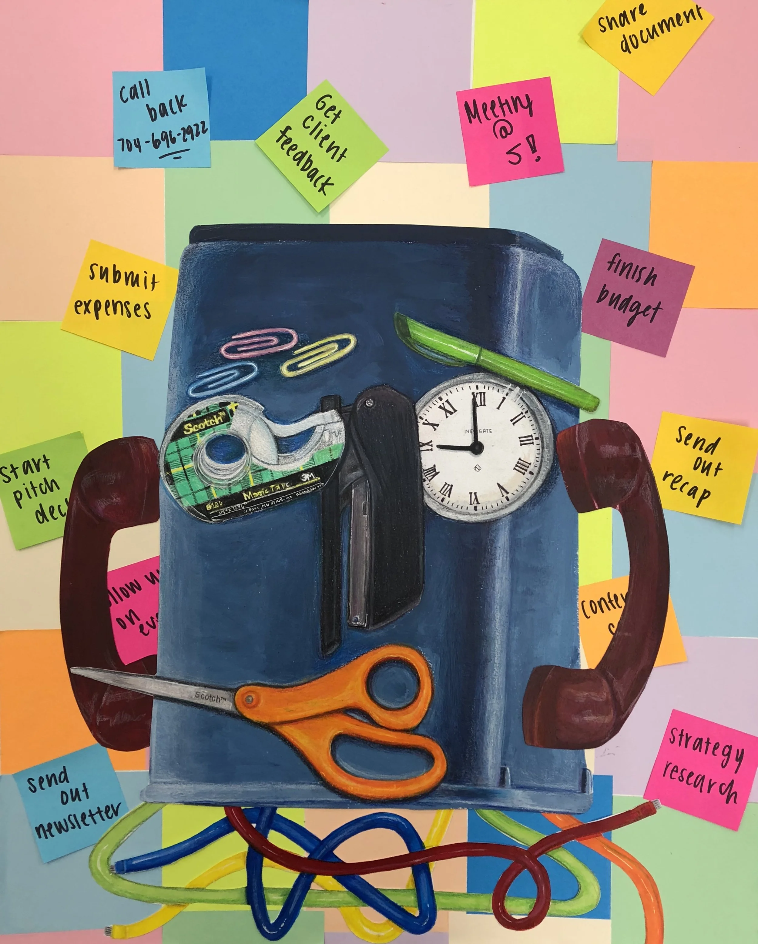 An illustration of a cluttered desk with office supplies, a clock, and tangled cords. Sticky notes with tasks like 'Call back,' 'Get client feedback,' and 'Finish budget' surround the desk.