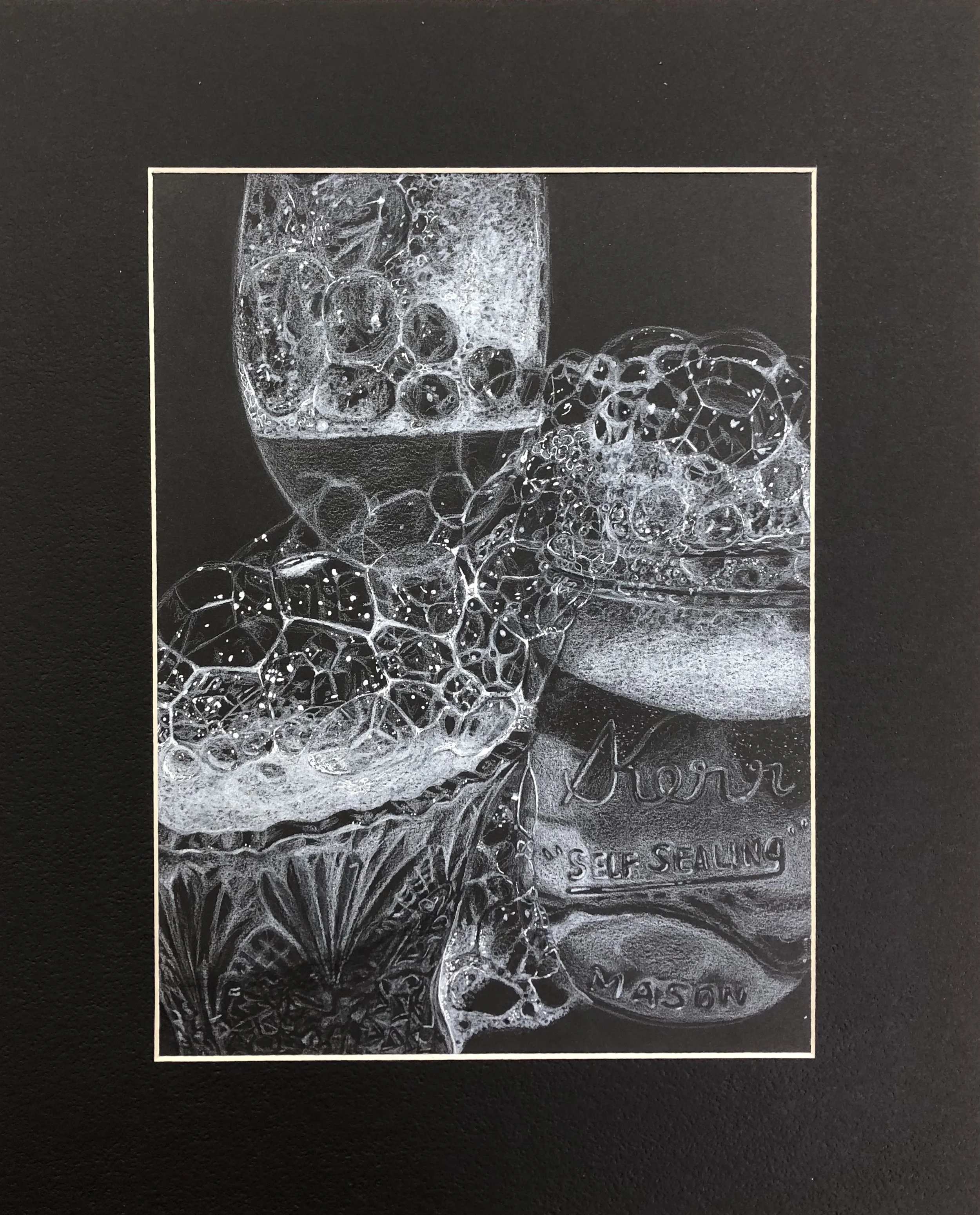 Black and white illustration of a glass of beer with foam, bubbles, and a beer can in the background labeled "Arrow" and "Self Sealing."