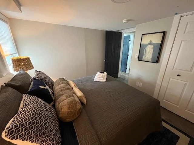 Bedroom with a large bed, multiple pillows, a window with blinds, a nightstand with a lamp, and a door leading to another room.