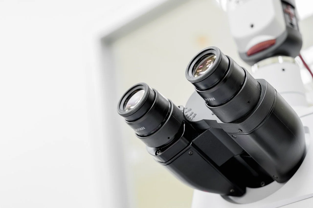 Close-up of a laboratory stereo microscope with dual eyepieces.