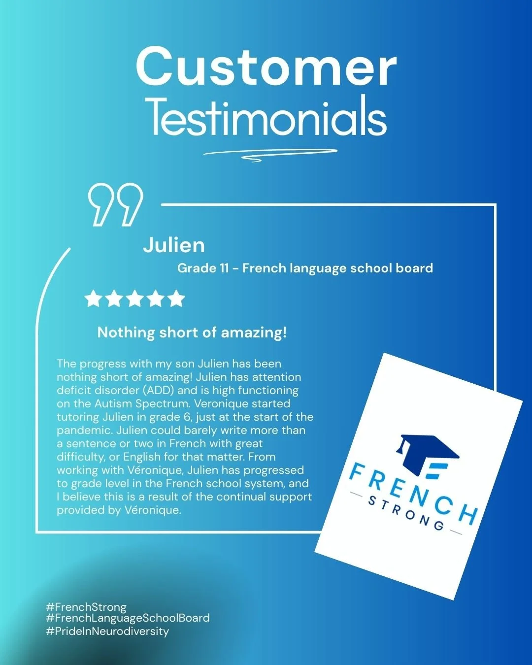(Don't tell anyone, but this is my favourite testimonial!) During my 10 years of teaching, I have worked with many individuals in the Toronto community, including neurodivergent students.

Julien always excelled in oral communication but needed assis