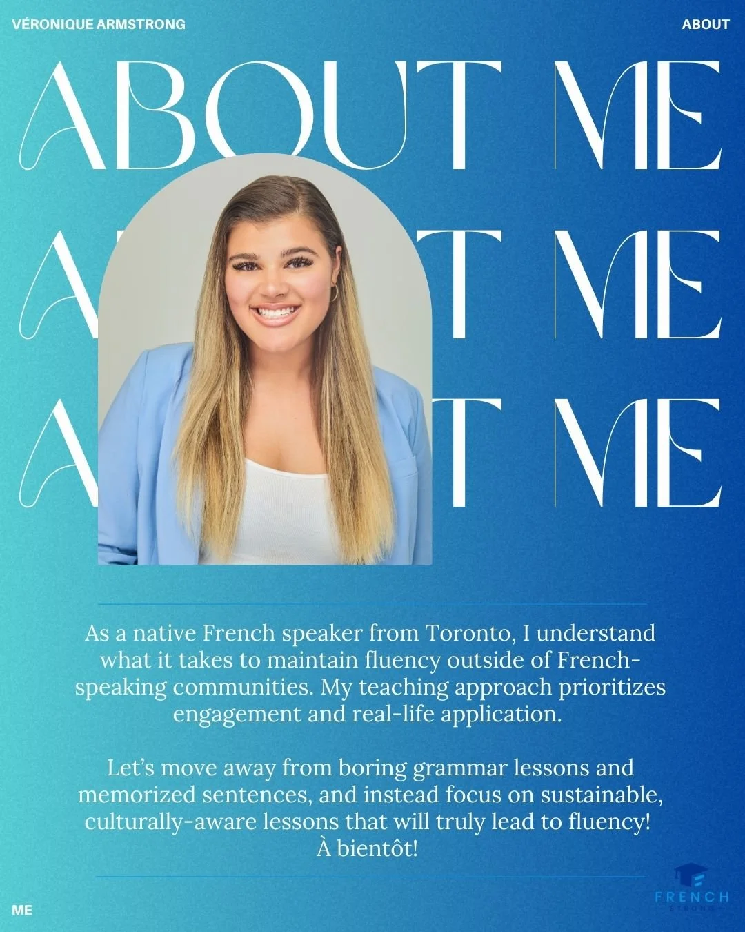 All&ocirc;! Get to know me! Je m'appelle V&eacute;ronique (the French pronunciation is Vay-Run-Ick), but you can call me Vee! I'm from the east end of the GTA (the best ends!) &amp; I'm a native French speaker, having grown up in a bilingual Qu&eacut