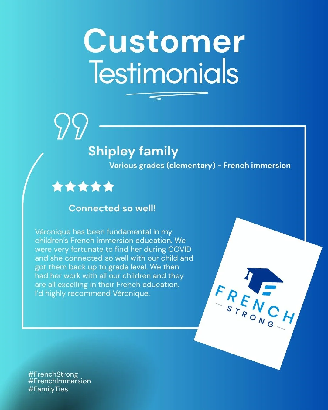 Get the whole family involved! FrenchStrong has special offers for family sign-ups! Some families also choose to divide hourly sessions so the entire family can gain the benefits of French education. 

DM "family" for more information and a
