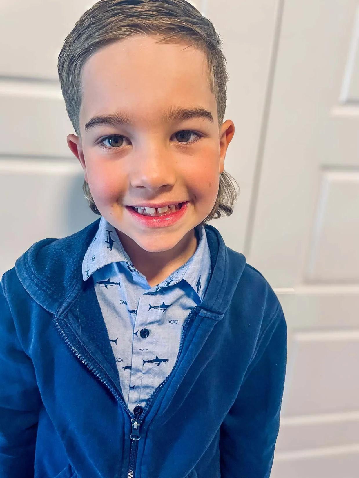 A young boy with brown hair and blue eyes is smiling at the camera. He is wearing a light blue collared shirt with shark prints and a navy blue hoodie. The background shows a white door.