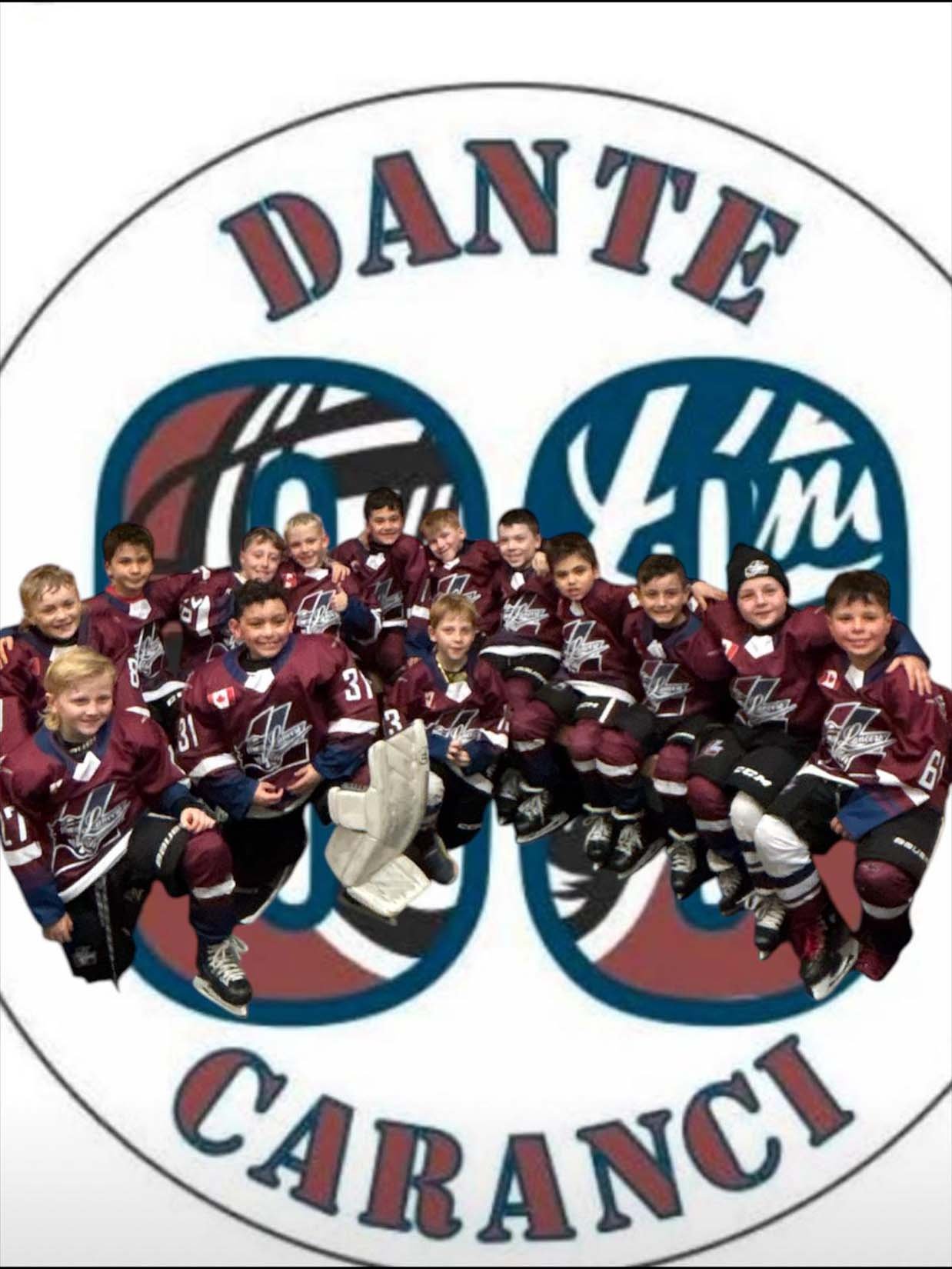 Group of young ice hockey players wearing maroon jerseys, kneeling and smiling with a backdrop of stylized glasses and text that says 'Dante' and 'Cairnci'.