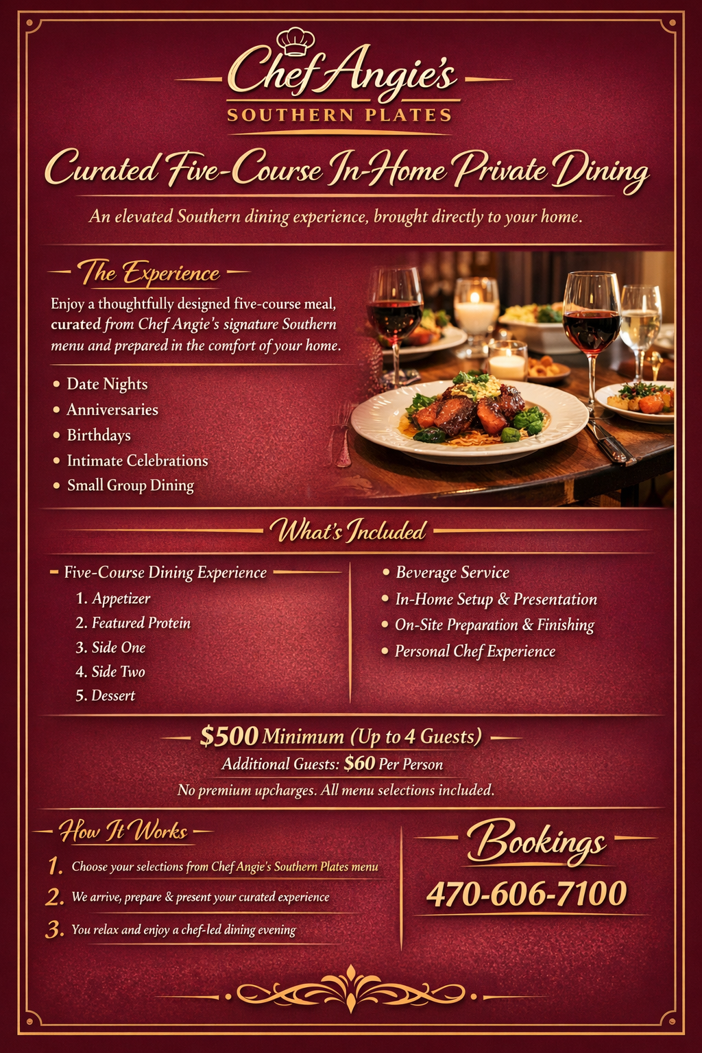 Advertisement for Chef Angie's Southern Plates offering curated five-course in-home private dining experience, including menu details, pricing, and booking information.