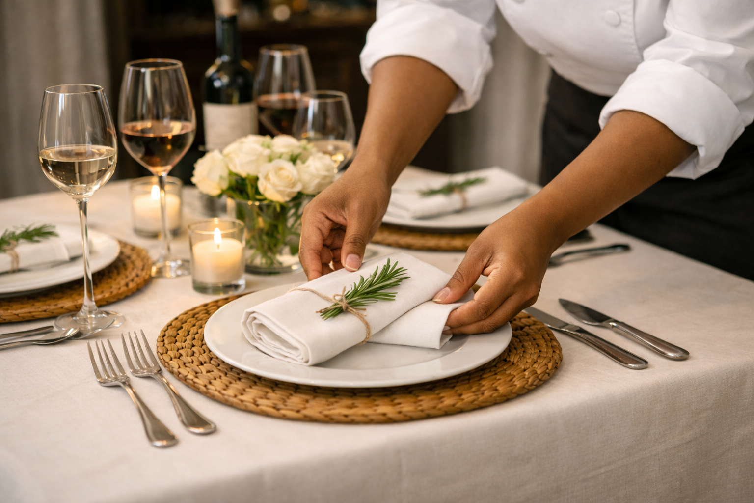 A person is setting a dining table with a white napkin tied with a string and a sprig of rosemary on a white plate. The table features wine glasses, candles, a floral centerpiece, and laid-out silverware.