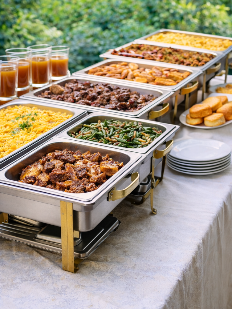 Buffet table with various dishes including yellow rice, green beans with almonds, stewed meats, chicken, tortillas, and glasses of juice, set outdoors with a green hedge background.