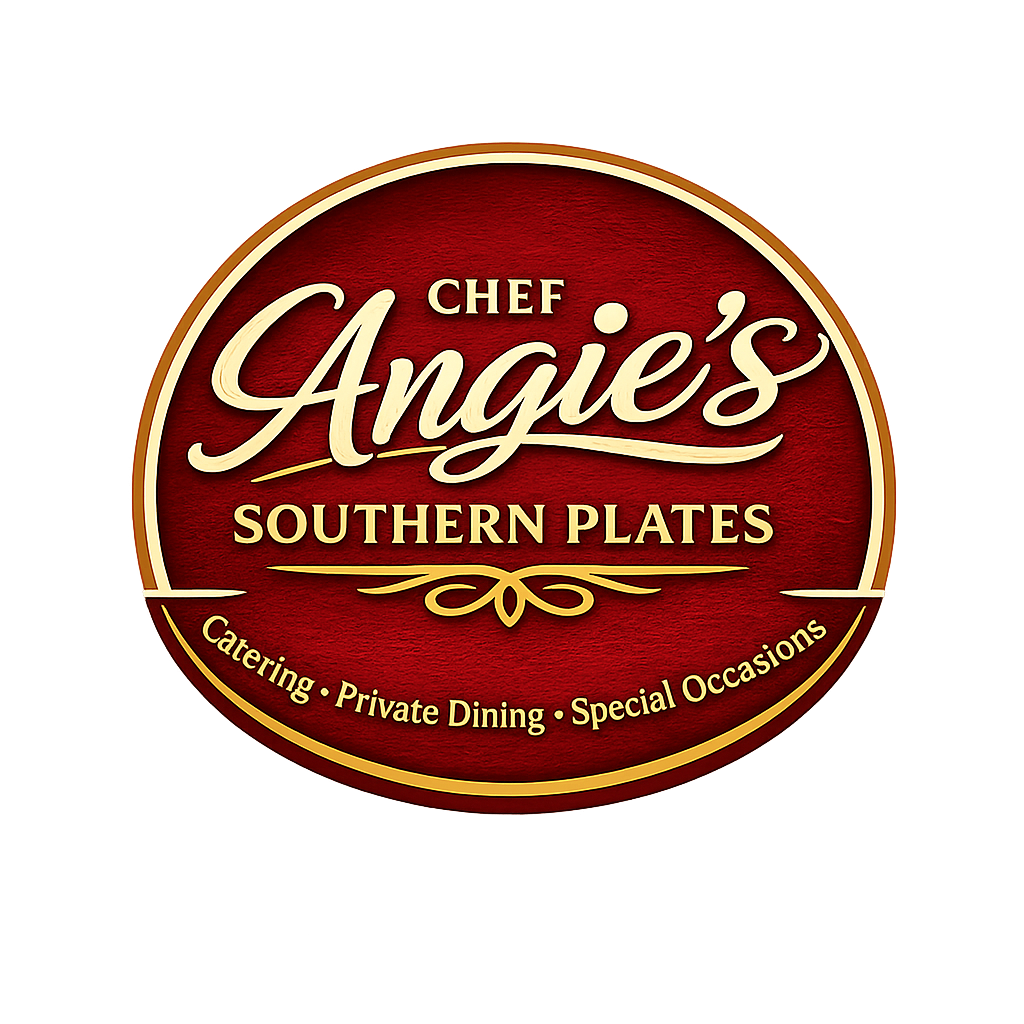 Logo for Chefs Angie’s Southern Plates restaurant with text indicating catering, private dining, and special occasions.