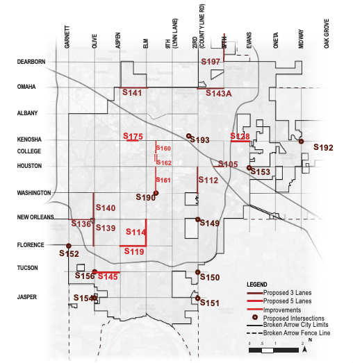 Citywide map showing proposed transportation improvements in Broken Arrow, including street widenings and intersection upgrades. Project details are listed in the accompanying tables.