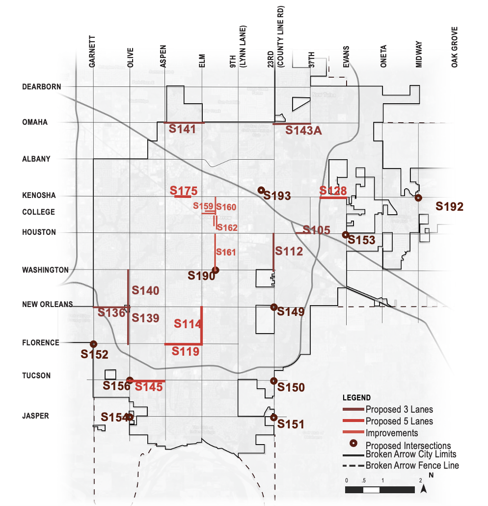 Citywide map illustrating proposed transportation projects in Broken Arrow, including roadway widenings and intersection improvements.
