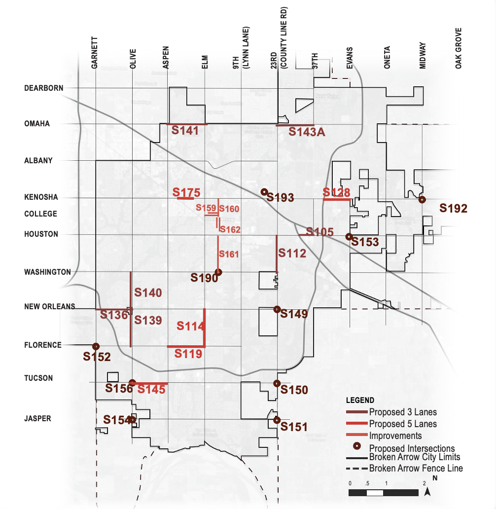 Citywide map illustrating proposed transportation improvements in Broken Arrow. Project details are listed in the accompanying tables.