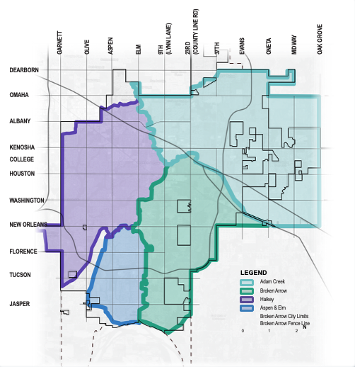 City map illustrating stormwater drainage basin boundaries across Broken Arrow.