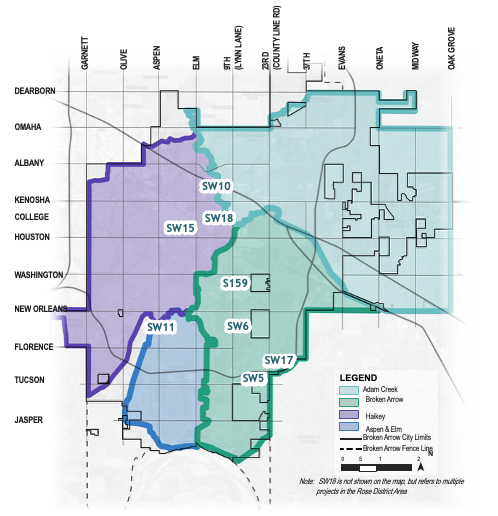 City map showing stormwater drainage basins and proposed drainage improvement areas across Broken Arrow.