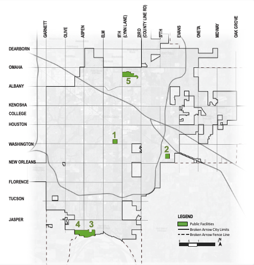 City map showing locations of public facilities projects across Broken Arrow.
