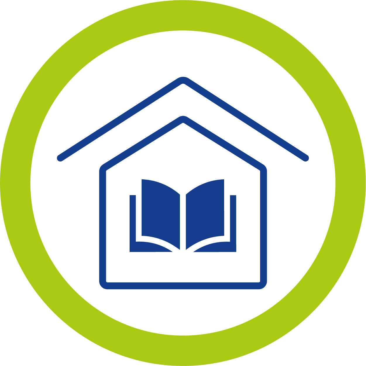 Icon of a house with an open book inside, surrounded by a green circular border.