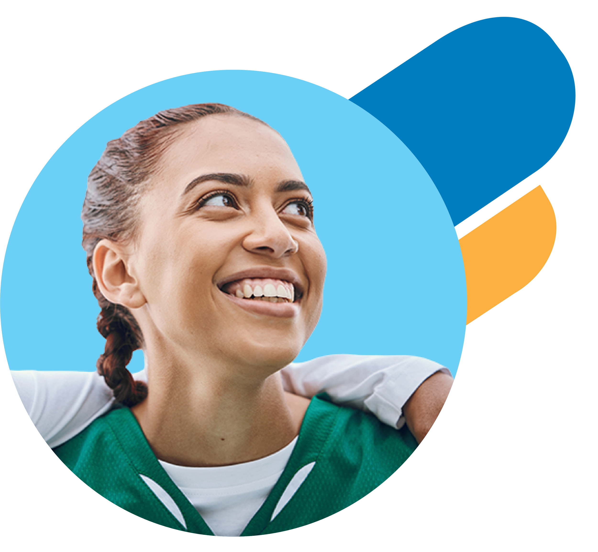 Smiling woman with braided hair wearing a green sports jersey, over her shoulder, against a blue sky background.