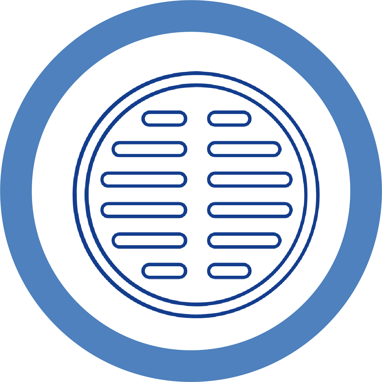 Illustration of a drain cover with a circular design and parallel lines, set within a circular border.