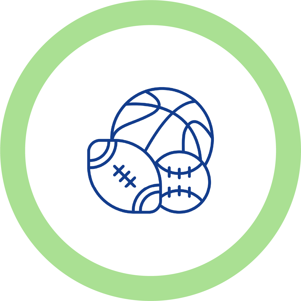 Line drawing of various sports balls, including a basketball, football, and soccer ball, enclosed in a green circular border.