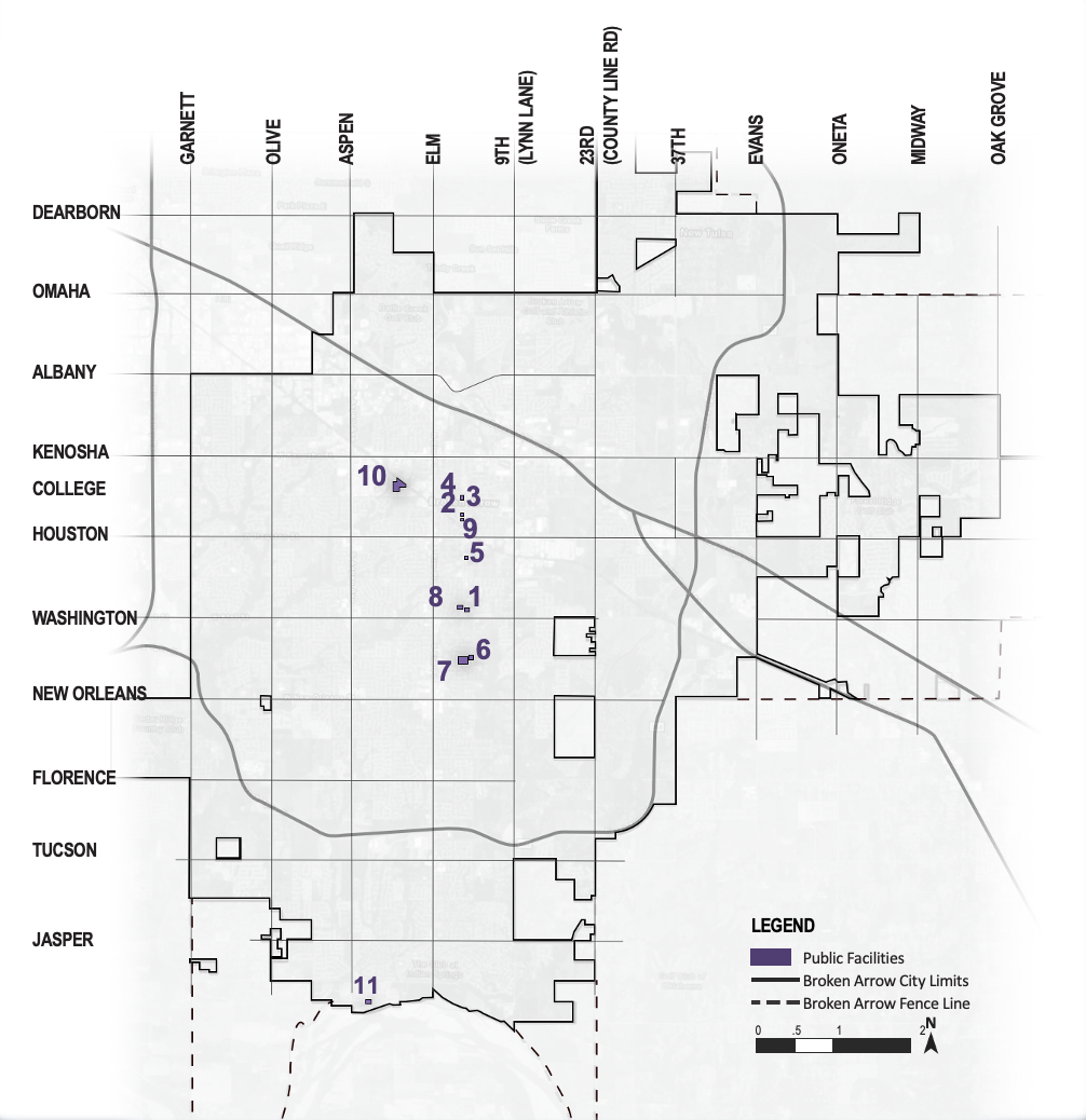 City map showing proposed public facilities locations throughout Broken Arrow, with numbered markers indicating project sites.