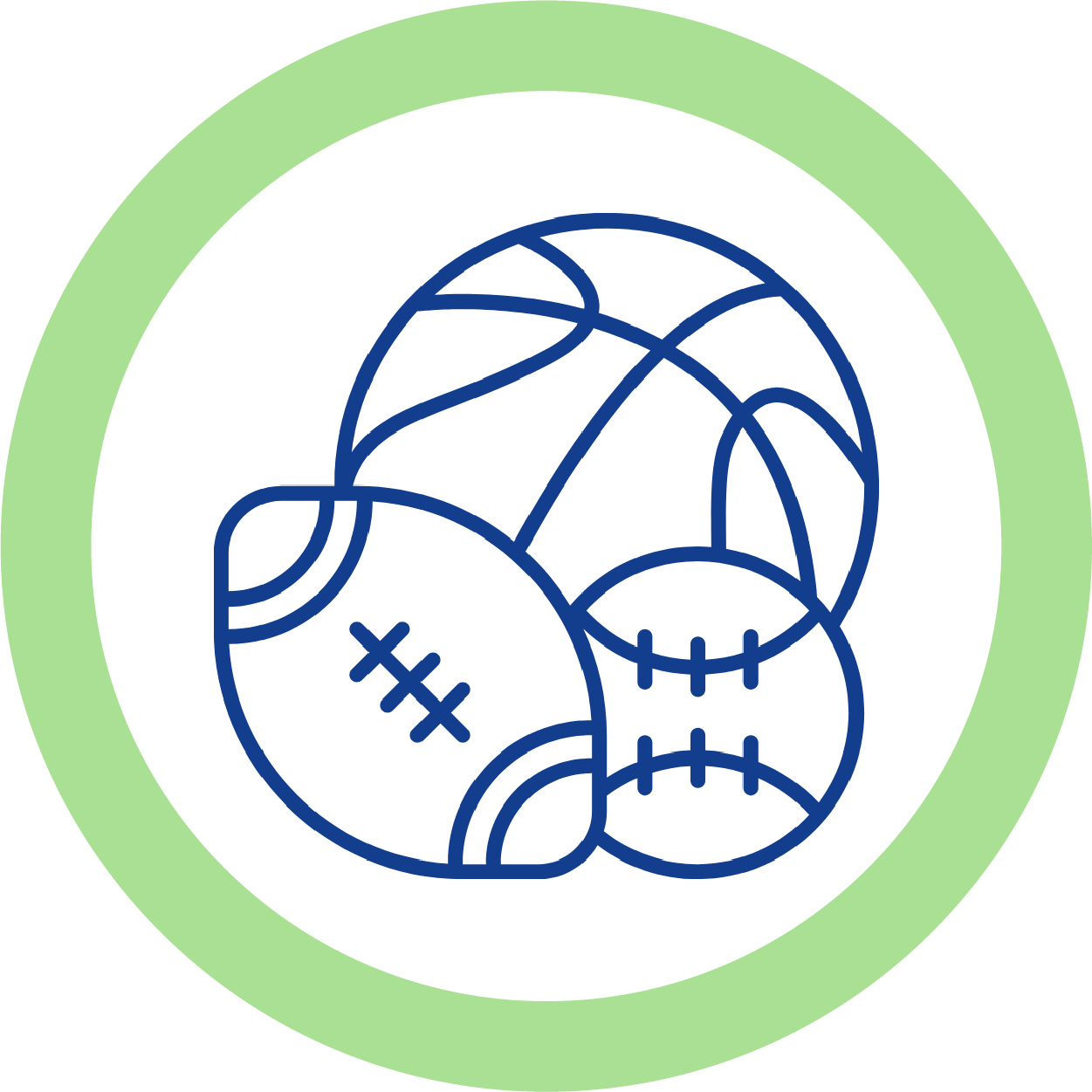 Line drawing of sports balls including a football, basketball, volleyball, and tennis ball within a green circular border.