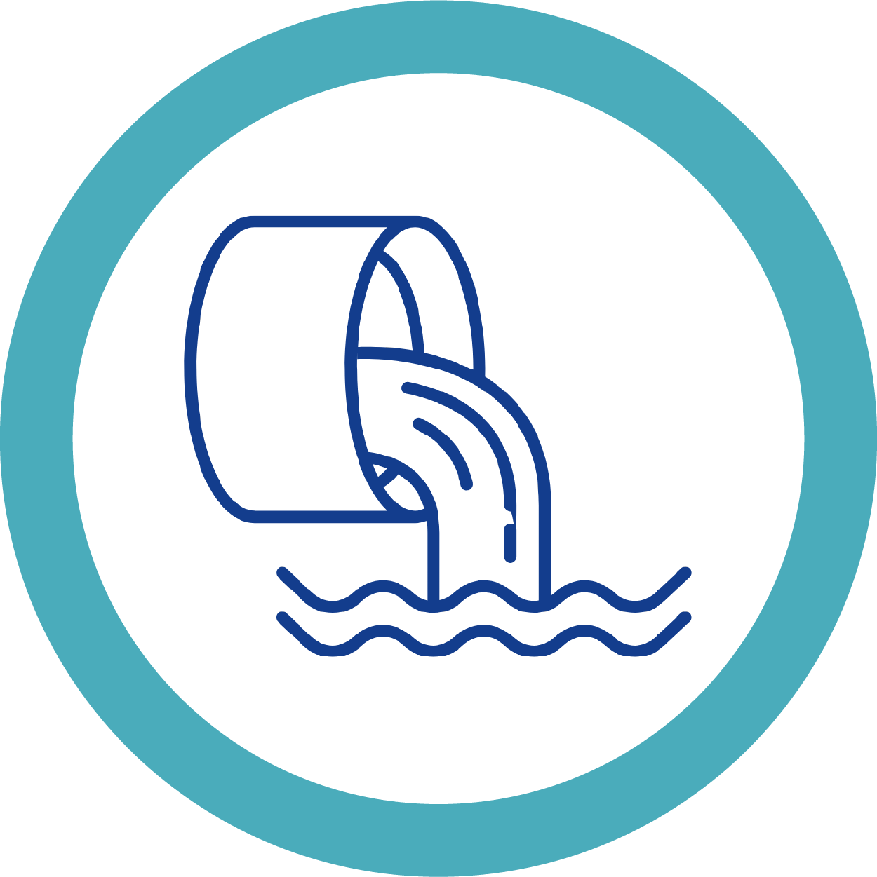 A simplified illustration of water flowing out of a pipe into a body of water, surrounded by a teal border.