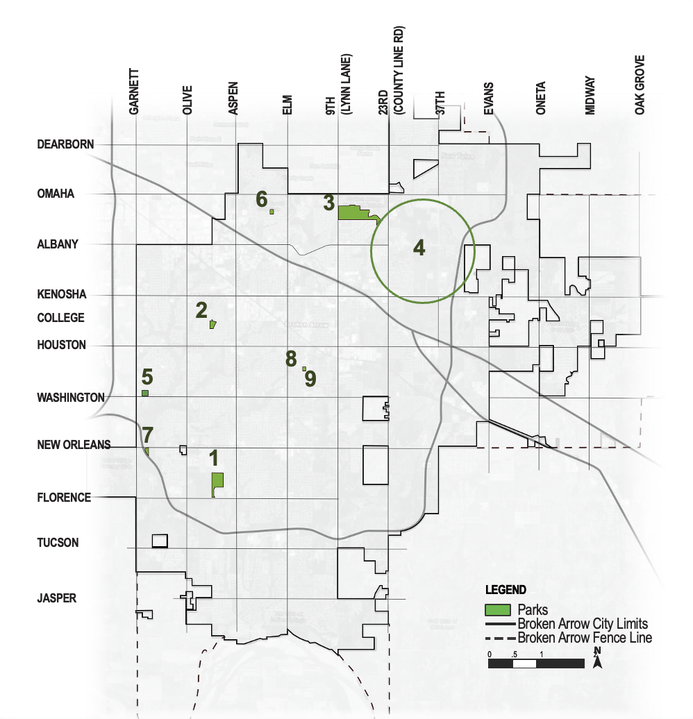 City map showing proposed parks and quality-of-life improvement locations throughout Broken Arrow, with numbered markers indicating project sites.