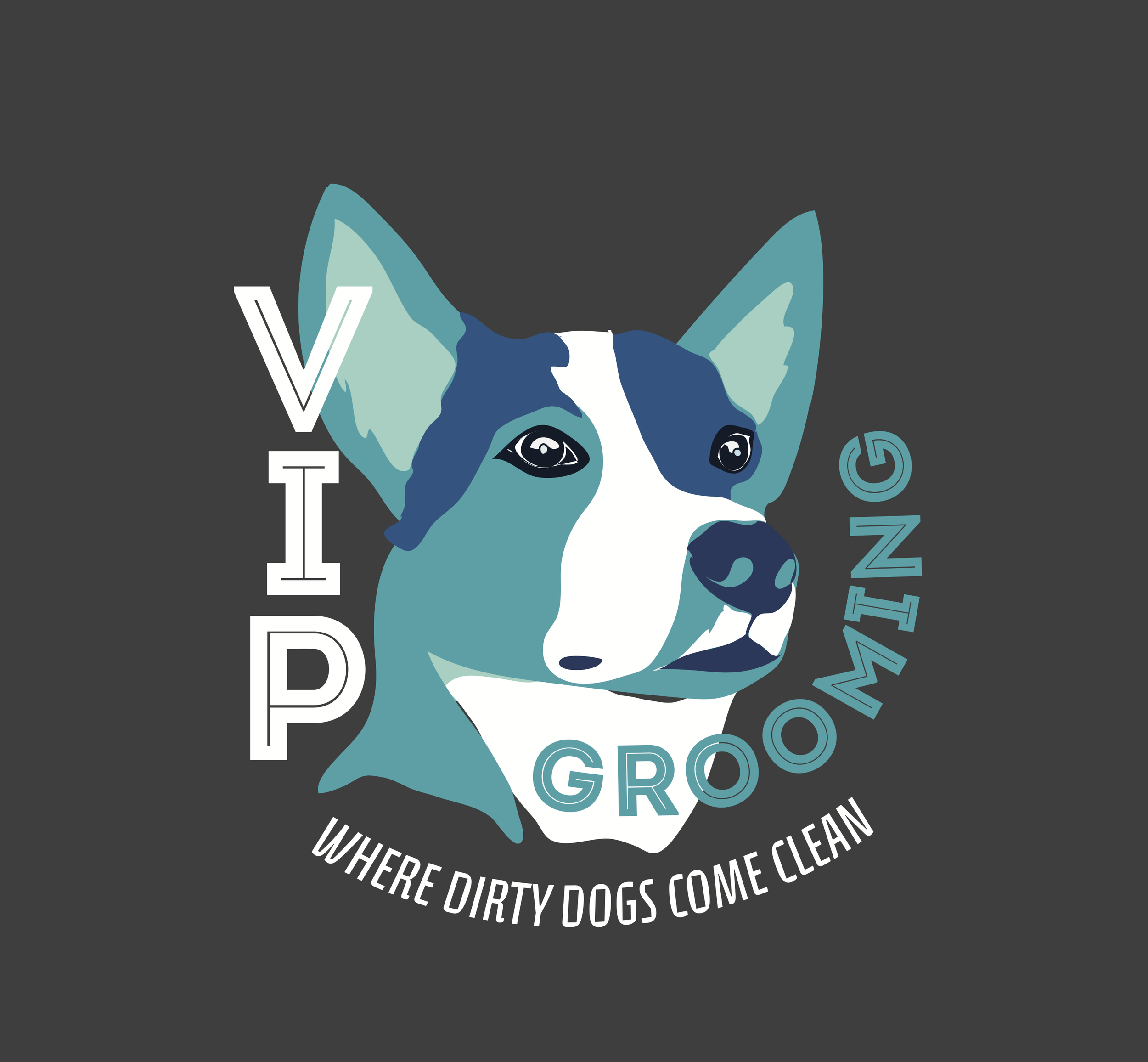 VIP Grooming Logo and tag line including image of a cartoon cattle dog