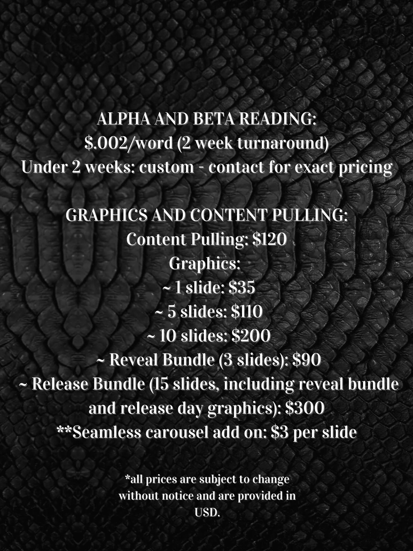 NEW SERVICES! 

Is this thing on? 🎤

The Fiction Fix is thrilled to announce @lex.isreading is joining the team with amazing graphics, content pulls, and alpha/beta reading services. 

Check out Lex&rsquo;s rates and portfolio on thefictionfix.com🖤