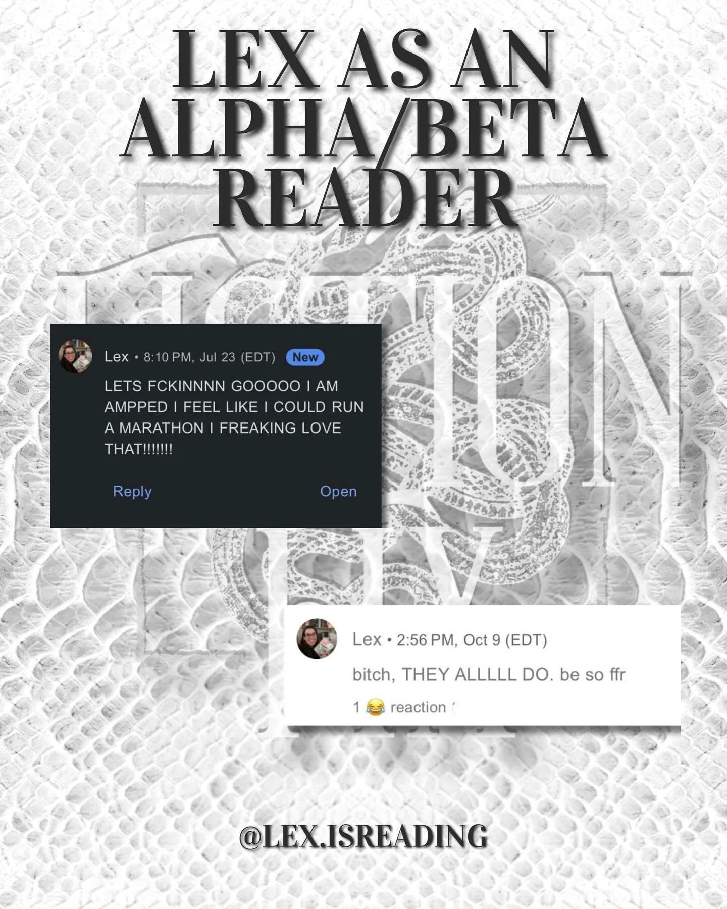 Critiques and continuity are important, but so is feral, unhinged behavior from our alpha/beta reader, @lex.isreading 😈

Lex is available for alpha and beta reading, as well as content pulls, graphics, and TikTok reels!

Check out what Lex can do on