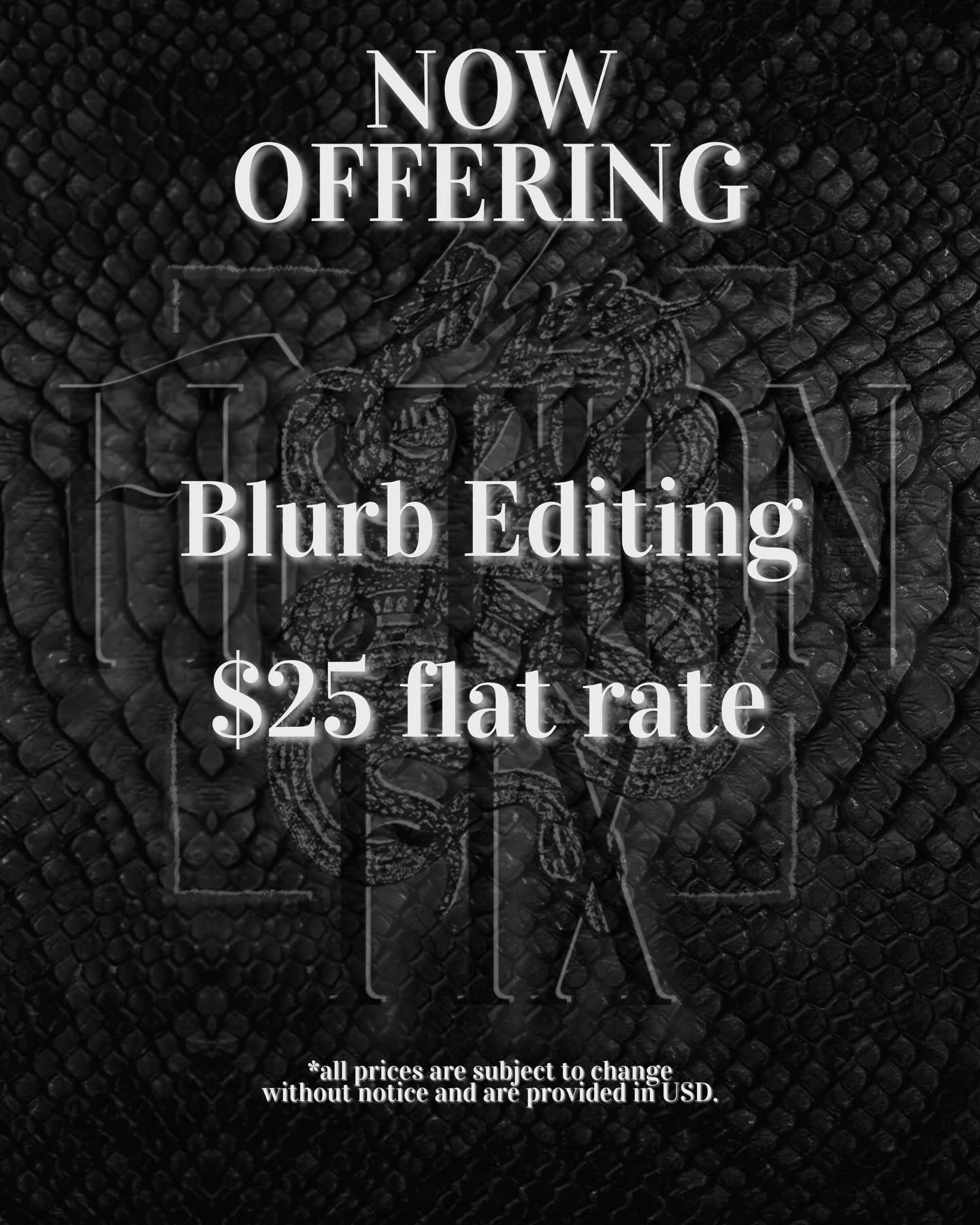 New service drop 🖤

Blurb editing for a flat fee of $25. The link to submit a blurb is on my website, thefictionfix.com!