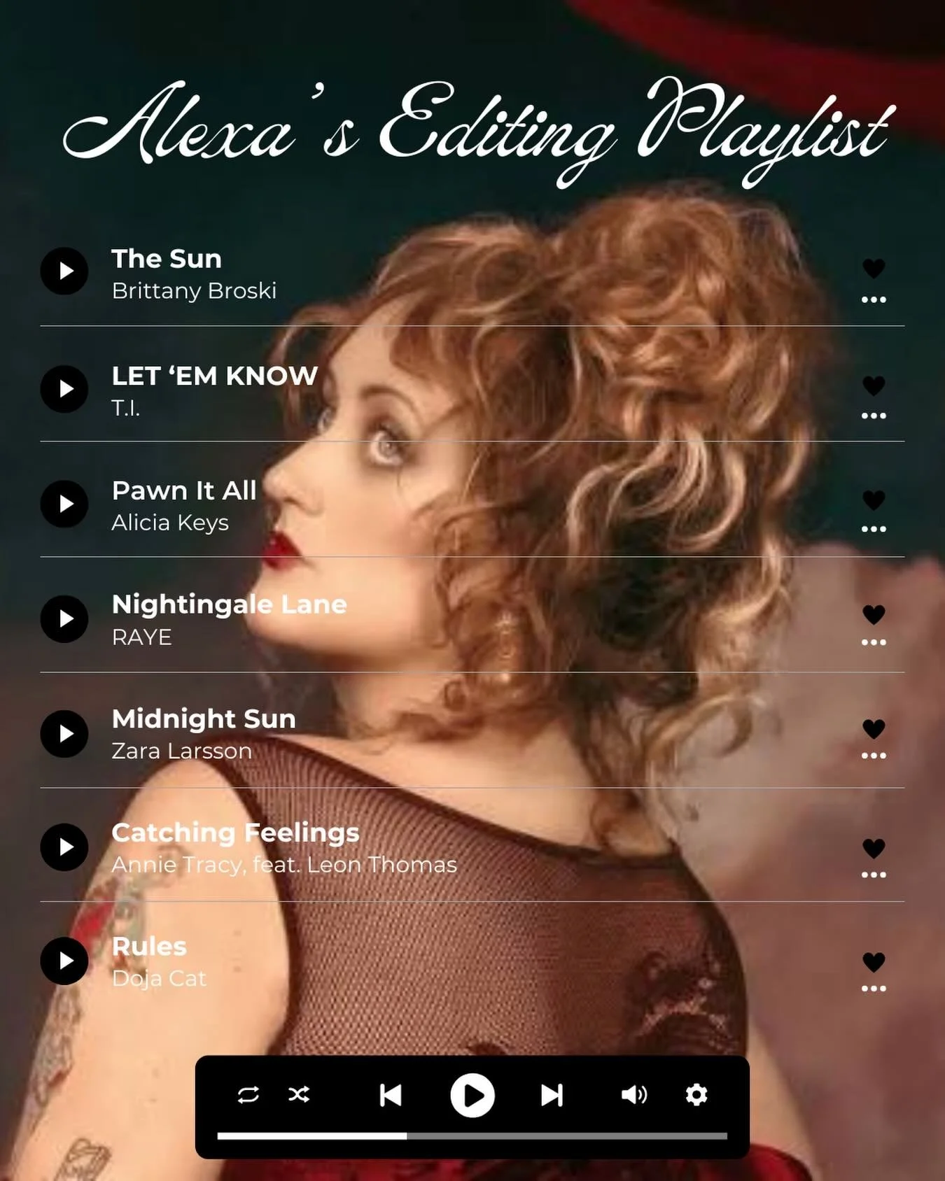 Ever wonder what I listen to while editing your manuscript? 🖤 (a ton of songs that make no sense together but are ✨vibes✨)

Template from the immaculate @mikayla.hornedo.author