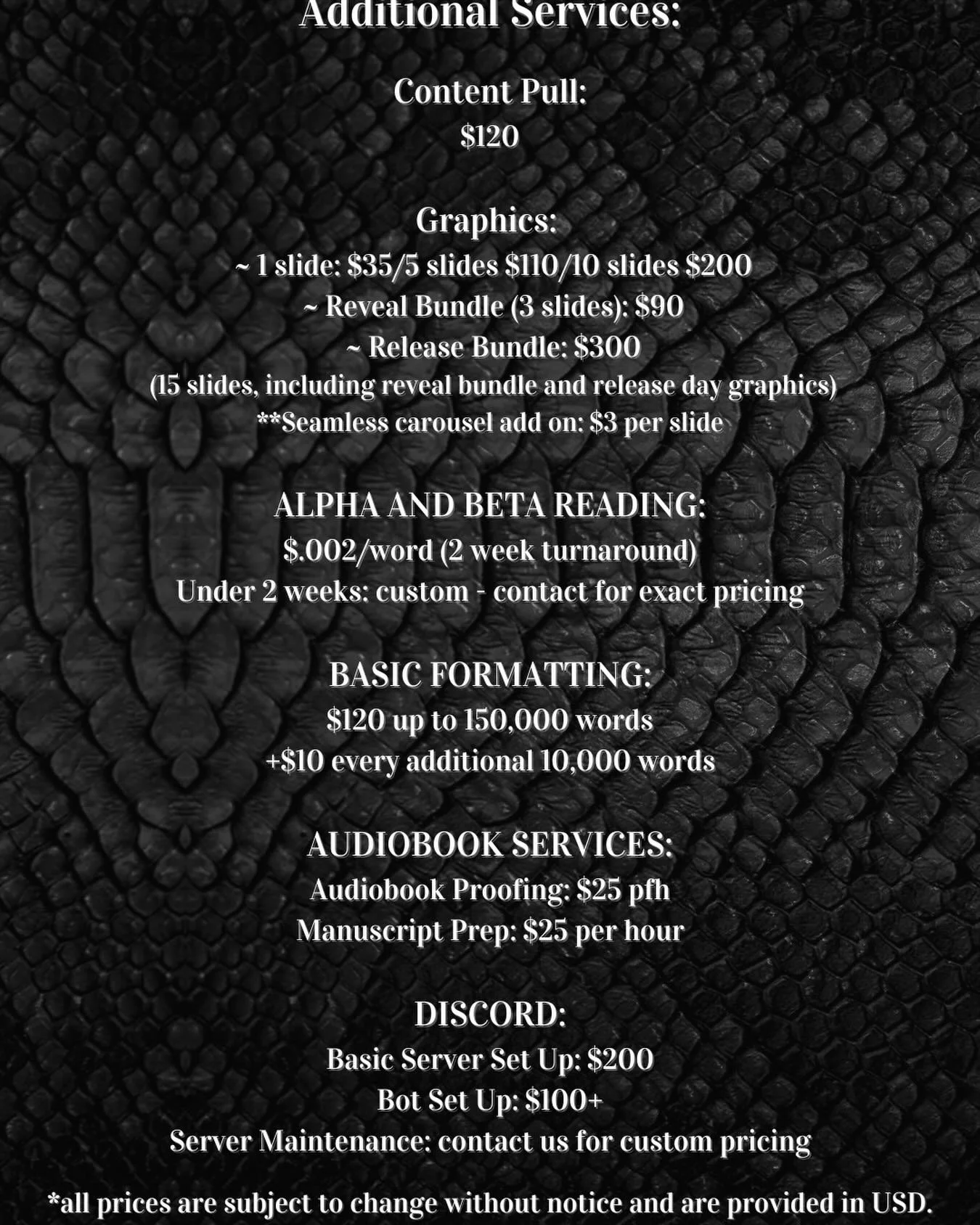 Updated Banner!✨✨🖤🖤

Content pulls
Alpha reading 
Beta reading 
Formatting 
Audiobook prep
Audiobook proofing 
Discord management