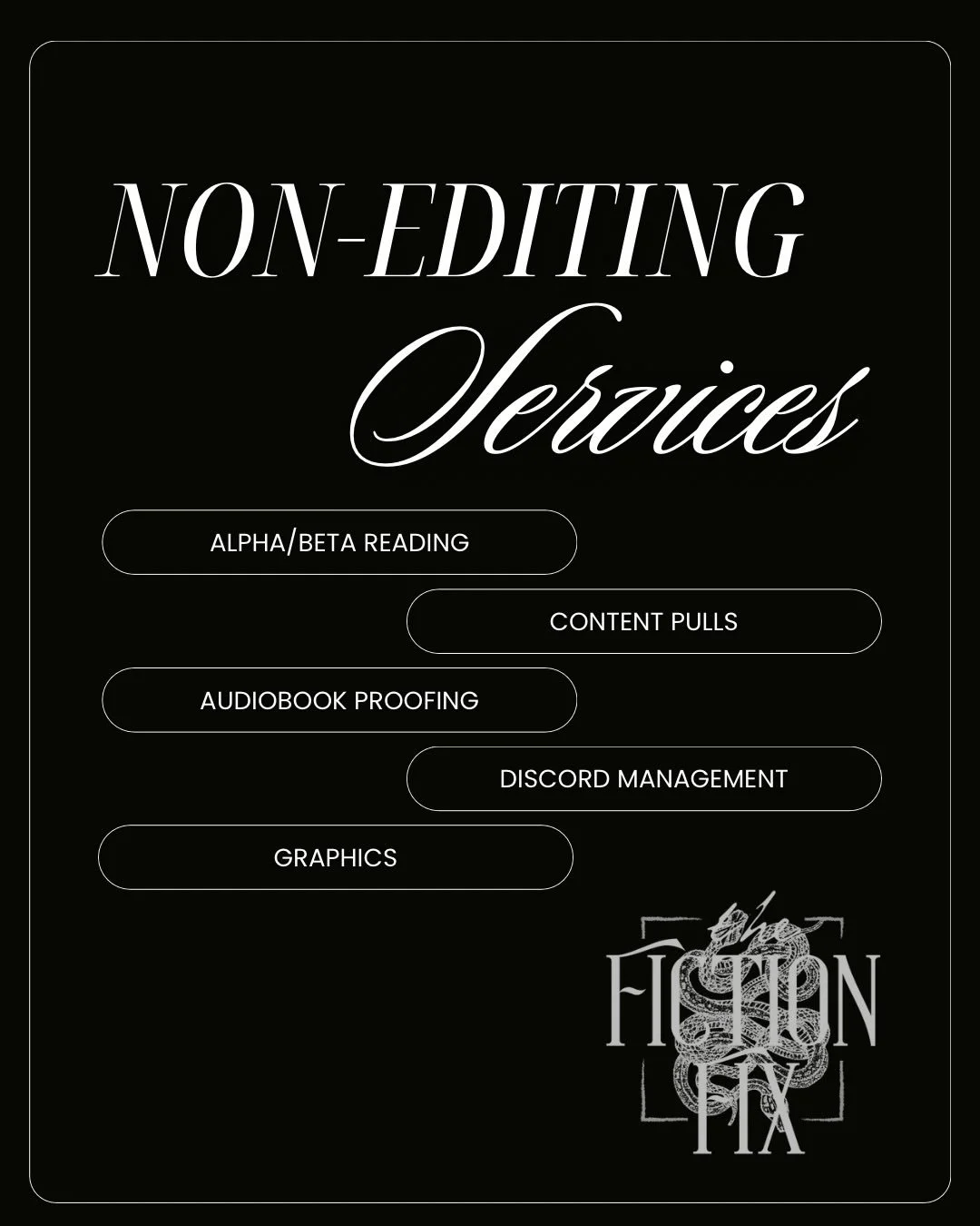 Did you know we do more than editing? 

Lex and Amanda are booking June and onwards for content pulls and alpha/beta reading. Swipe for examples!🖤

We also do audiobook proofing and prep, discord management, and graphics packages!
