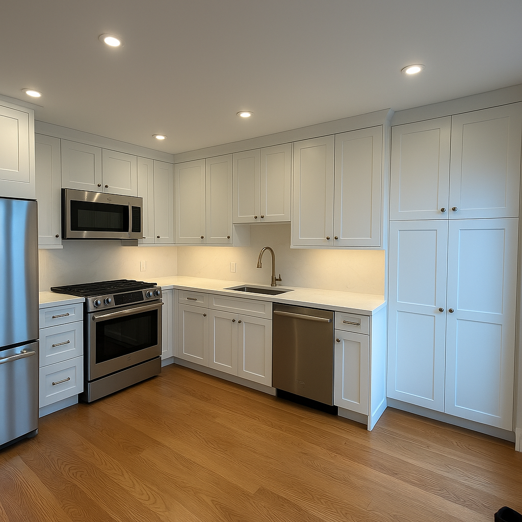 Modern kitchen with white cabinets, stainless steel appliances, hardwood flooring, and recessed lighting.
