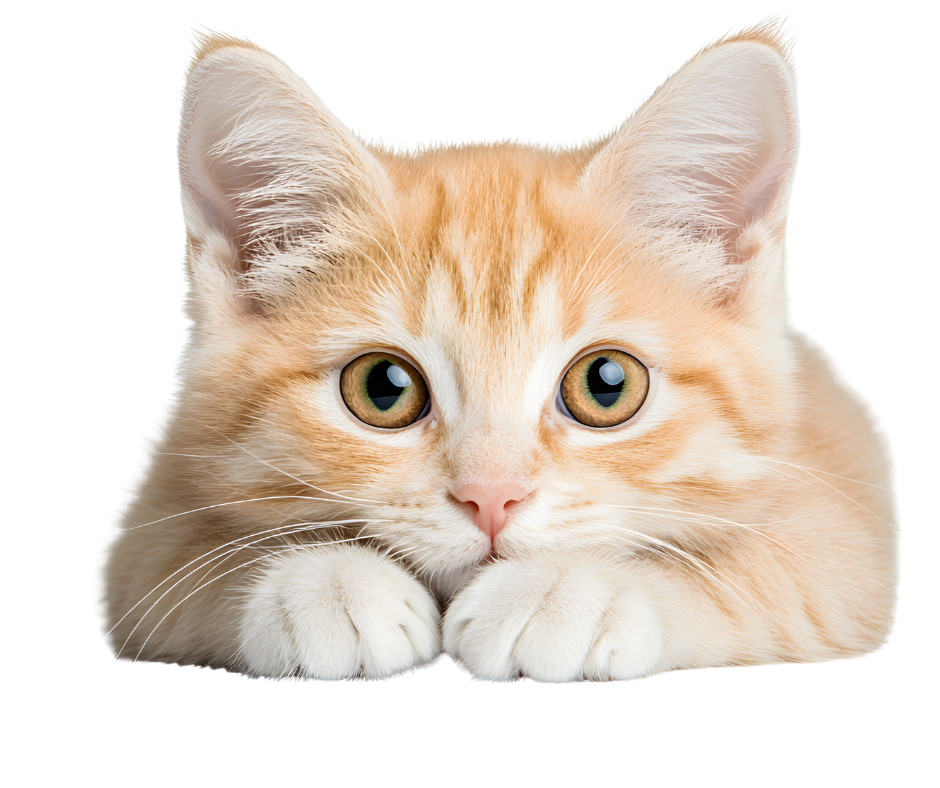 Close-up of a light orange tabby cat with green eyes resting its paws.