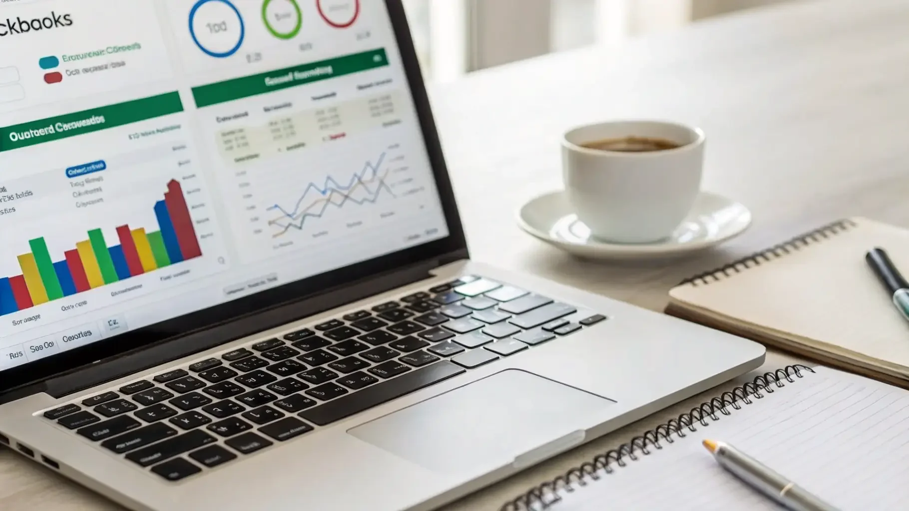 A laptop displaying colorful charts and graphs, a cup of coffee on a saucer, a lined notebook with a pen, a closed notebook, and a white pen on a light-colored table.