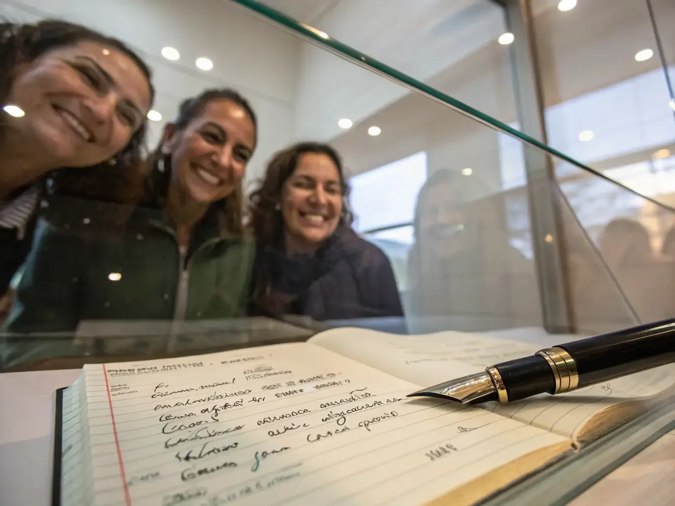 Close up image of a notebook with writing and a fountain pen with three girls smiling in the background behind glass.