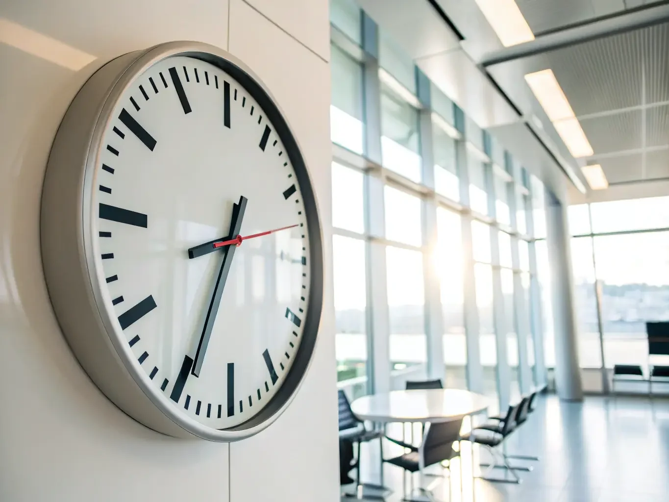 clock on a wall in an office building with a lot of windows