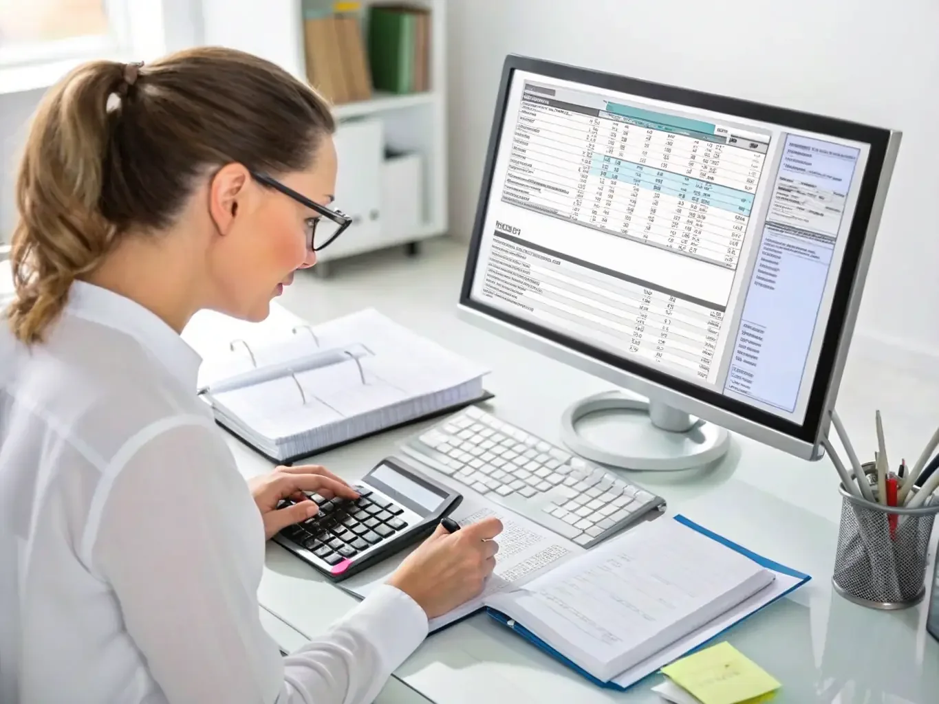 Woman with ponytail sitting at desk with a calculator, computer, and various papers.