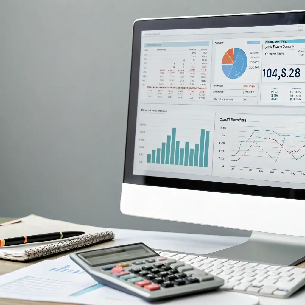 Computer monitor displaying financial charts and graphs, a calculator, a notebook, and a pen on a desk.