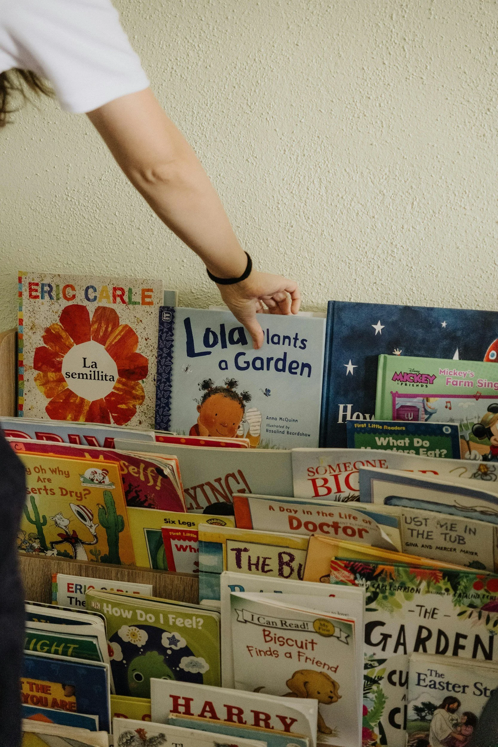 A person with long hair and a white shirt is reaching for a children's book titled 'Lola plants a Garden' on a bookshelf filled with various colorful children's books.