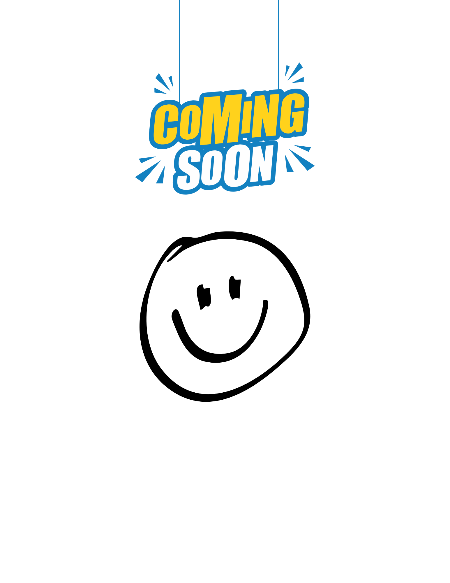 A sign hanging with the words 'Coming Soon' in yellow and blue text on a black background.