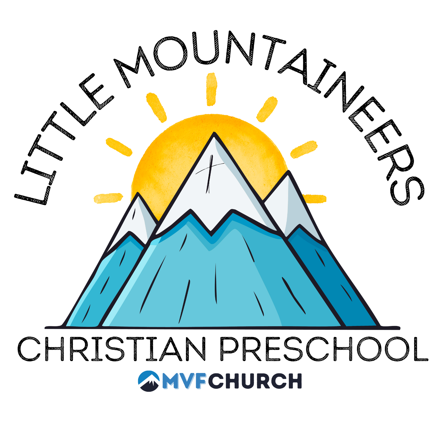 Illustration of mountains with snow caps, a sun rising or setting behind them, and the text 'MMF Church' at the bottom.